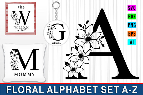 Floral letter M svg, Flower M monogram font initial SVG