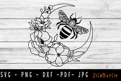 Floral and Bee Moon SVG, Flowers, Floral decoration, Half moon, Night Moon png, Bee svg, Flower svg, Svg files for cricut and silhouette SVG SilaBerlin 