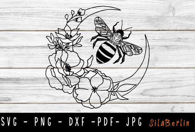 Floral and Bee Moon SVG, Flowers, Floral decoration, Half moon, Night Moon png, Bee svg, Flower svg, Svg files for cricut and silhouette SVG SilaBerlin 