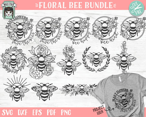 Floral Bee Bundle svg, Flower Bee svg file, Save the Bees svg, Bee Kind SVG, Bee Happy svg, Floral Bee cut file, Sunflower SVG, Rose SVG, Leaves SVG, Wreath SVG SVG Wild Pilot 