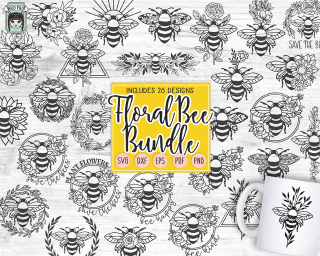 Floral Bee Bundle svg, Flower Bee svg file, Save the Bees svg, Bee Kind SVG, Bee Happy svg, Floral Bee cut file, Sunflower SVG, Rose SVG, Leaves SVG, Wreath SVG SVG Wild Pilot 