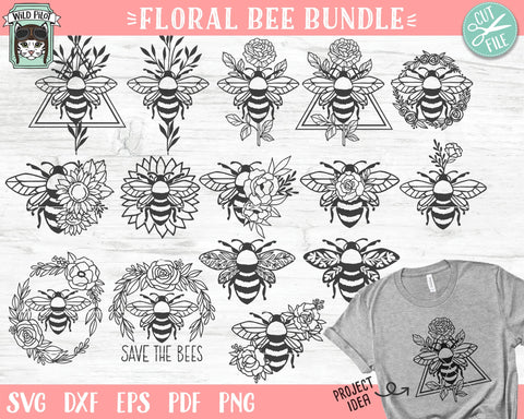 Floral Bee Bundle svg, Flower Bee svg file, Save the Bees svg, Bee Kind SVG, Bee Happy svg, Floral Bee cut file, Sunflower SVG, Rose SVG, Leaves SVG, Wreath SVG SVG Wild Pilot 