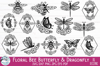 Floral Bee, Butterfly and Dragonfly SVG Bundle SVG Wispy Willow Designs 