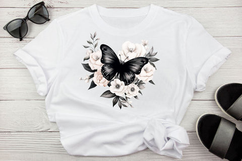 Floral Black Butterfly Clipart Bundle Sublimation Regulrcrative 