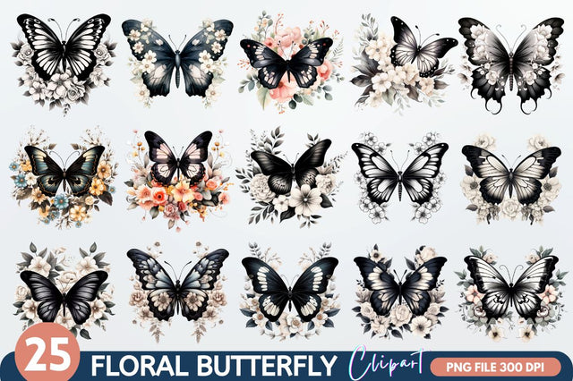 Floral Black Butterfly Clipart Bundle Sublimation Regulrcrative 