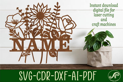 Floral bouquet Name sign svg laser cut template SVG APInspireddesigns 
