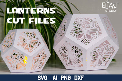 Floral Butterfly Paper Lantern SVG, 3d SVG Pentagon Shape Lantern, Summer Butterfly Candle Holder. 3D Paper Elinorka 
