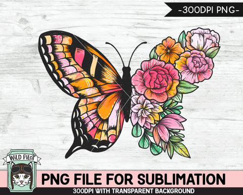 Floral Butterfly SUBLIMATION design PNG, Flower Butterfly Sublimation, Butterfly PNG sublimation file, Watercolor Butterfly png file Sublimation Wild Pilot 