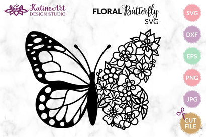 Floral butterfly svg outline vector clipart cut file monarch butterfly with flowers for Cricut and Silhouette. SVG KatineArt 