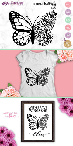 Floral butterfly svg outline vector clipart cut file monarch butterfly with flowers for Cricut and Silhouette. SVG KatineArt 