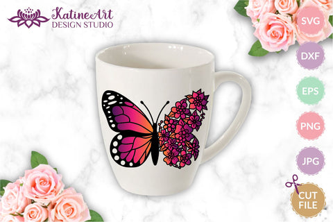 Floral butterfly svg outline vector layered clipart cut file monarch butterfly with gradient and flowers for Cricut and Silhouette. SVG KatineArt 