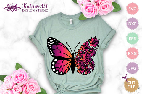 Floral butterfly svg outline vector layered clipart cut file monarch butterfly with gradient and flowers for Cricut and Silhouette. SVG KatineArt 