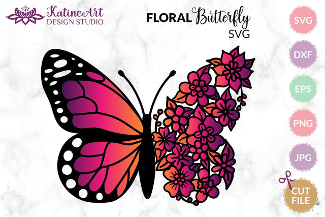 Floral butterfly svg outline vector layered clipart cut file monarch butterfly with gradient and flowers for Cricut and Silhouette. SVG KatineArt 