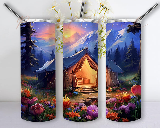 Floral Camping Tent With Flowers 20oz Skinny Tumbler Png, Floral Camping Tumbler, Happy Camper, Camper Tumbler, Camping Floral Tumbler Sublimation PixelChick 