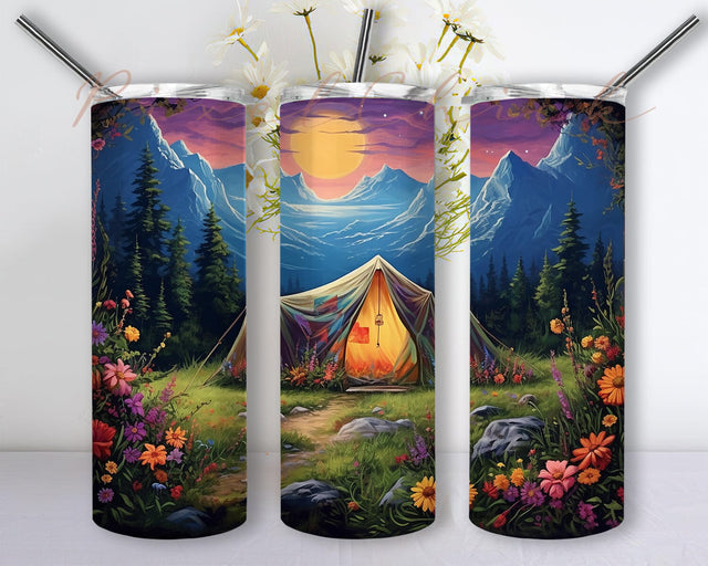 Floral Camping Tent With Flowers 20oz Skinny Tumbler Png, Floral Camping Tumbler, Happy Camper, Camper Tumbler, Camping Floral Tumbler Sublimation PixelChick 