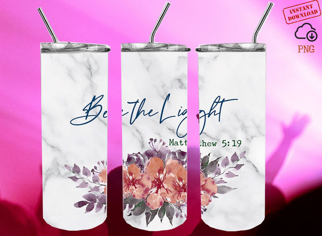 Floral Christian Bible Verse Tumbler Png, Be the Light Matthew 5:19 Sublimation Design 20oz Marble Full Wrap Template SVG 1966digi 