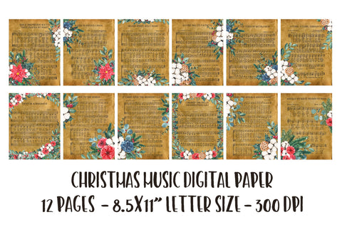 Floral Christmas Music Digital Papers Sublimation Old Market 