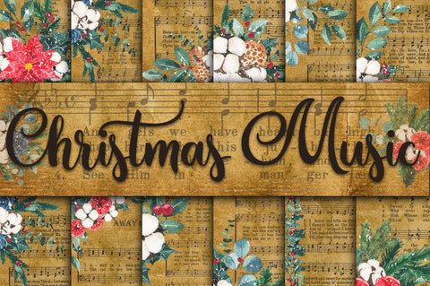 Floral Christmas Music Digital Papers Sublimation Old Market 
