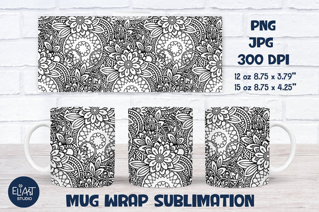 Floral Coffee Mug PNG, Full Mug Wrap PNG Sublimation, Flower Mandala Mug Sublimation Design. Sublimation Elinorka 