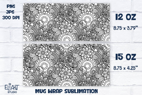 Floral Coffee Mug PNG, Full Mug Wrap PNG Sublimation, Flower Mandala Mug Sublimation Design. Sublimation Elinorka 