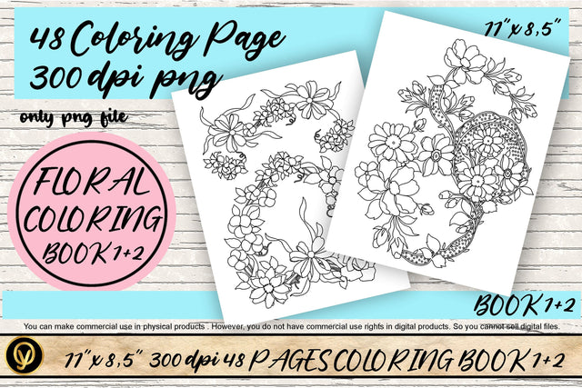 Floral Coloring Book 1+2,48 Pages Coloring Book,Flower Line Art,Floral Art,Kids Coloring Pages,Coloring Book For Activity,DigitalDownload Sketch DESIGN oyonnidesign 