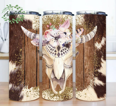 Floral Cow 20oz Skinny Tumbler Png, Boho Cow Tumbler, Cowhide Tumbler, Western, Boho, Country Floral Sublimation Designs, Digital Download Sublimation AdriOP 
