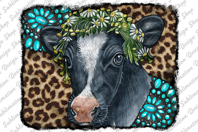 Floral Cow Leopard Background Png, Farm Animals Png, Turquoise Gemstone Png, Western Cow Png, Sublimation Background Design,Digital Download Sublimation SublimationDesignShop 