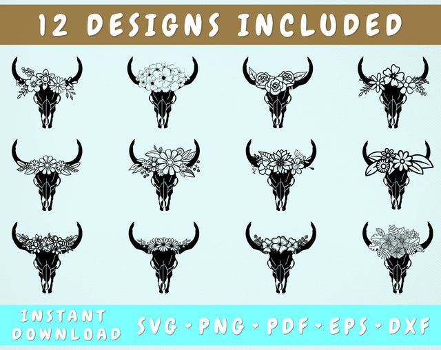 Floral Cow Skull SVG Bundle - 12 Designs SVG HappyDesignStudio 
