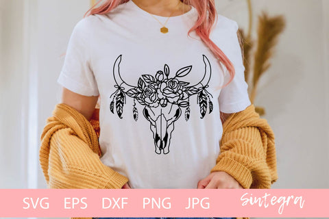 Floral Cow Skull With Feathers Svg Cut File Free For Commercial Use SVG Sintegra 