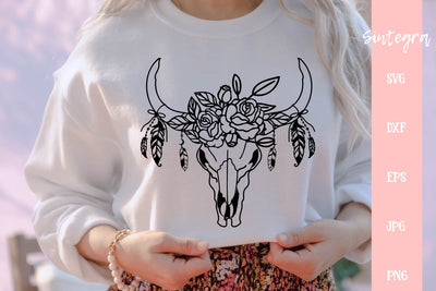 Floral Cow Skull With Feathers Svg Cut File Free For Commercial Use SVG Sintegra 