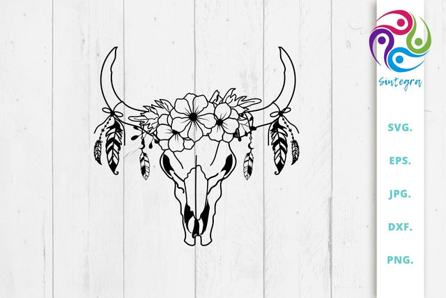 Floral Cow Skull With Feathers Svg File SVG Sintegra 