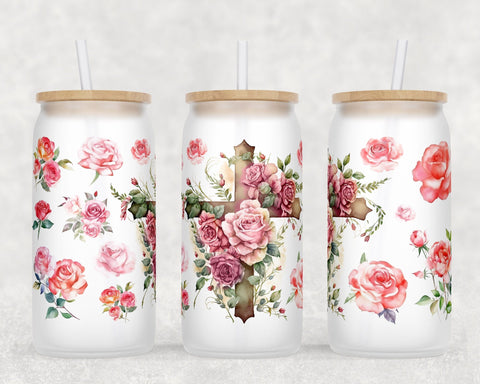 Floral Cross Libbey Glass Can Wraps, 16 Oz Glass Can Sublimation Designs, Christian Cross Glass Can PNG Files, Cross With Flowers Glass Can Wraps Sublimation HappyDesignStudio 