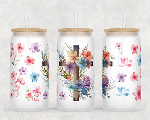 Floral Cross Libbey Glass Can Wraps, 16 Oz Glass Can Sublimation Designs, Christian Cross Glass Can PNG Files, Cross With Flowers Glass Can Wraps Sublimation HappyDesignStudio 