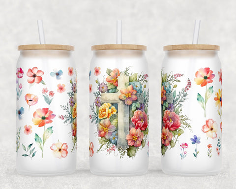 Floral Cross Libbey Glass Can Wraps, 16 Oz Glass Can Sublimation Designs, Christian Cross Glass Can PNG Files, Cross With Flowers Glass Can Wraps Sublimation HappyDesignStudio 
