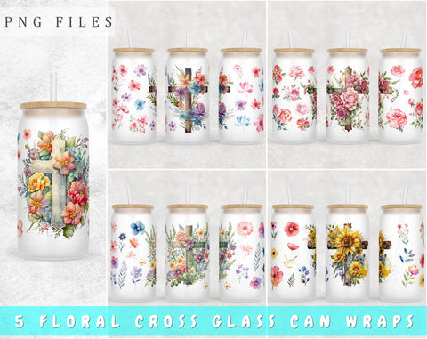 Floral Cross Libbey Glass Can Wraps, 16 Oz Glass Can Sublimation Designs, Christian Cross Glass Can PNG Files, Cross With Flowers Glass Can Wraps Sublimation HappyDesignStudio 