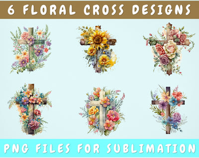 Floral Cross Sublimation Designs Bundle, 6 Designs, Christian Cross PNG Files, Cross With Flowers PNG, Cross Clipart Sublimation HappyDesignStudio 