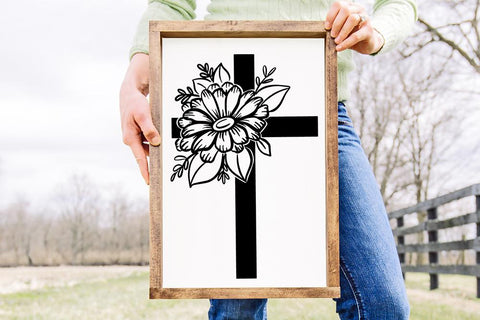 Floral Cross with Daisy SVG SVG Ikonart Design Shop 