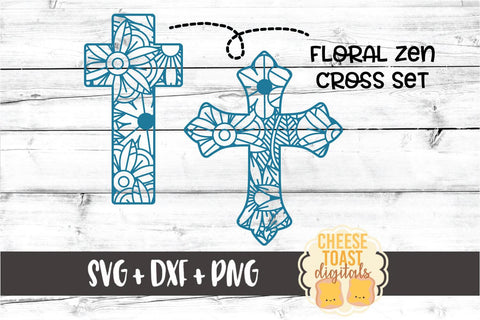 Floral Cross Zen Doodle Set of 2 - SVG PNG DXF Cut Files SVG Cheese Toast Digitals 