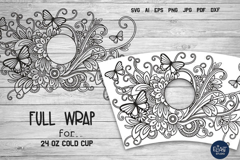 Floral Cup Wrap SVG, Summer SVG, Butterflies Full Wrap SVG. SVG Elinorka 