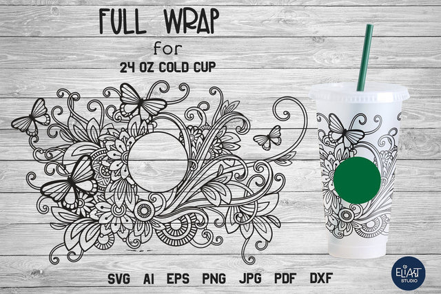 Floral Cup Wrap SVG, Summer SVG, Butterflies Full Wrap SVG. SVG Elinorka 
