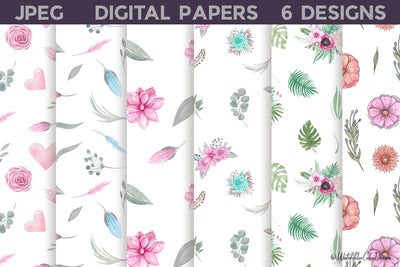 Floral Digital Papers Bundle | Pink Flowers Seamless Pattern Digital Pattern WatercolorColorDream 