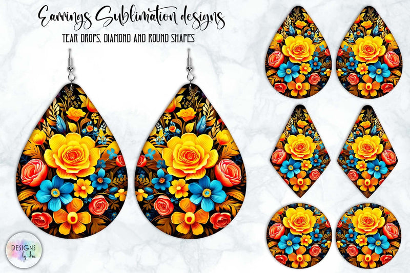 Floral Earrings Sublimation Set | Folklore Flowers Ornament Earrings Design SVG Designs by Ira 