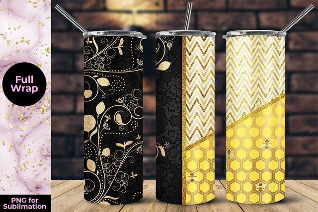 Floral Embroidery & Honeycomb Glitter 20oz Skinny Tumbler Wrap Template Sublimation Sublimatiz Designs 