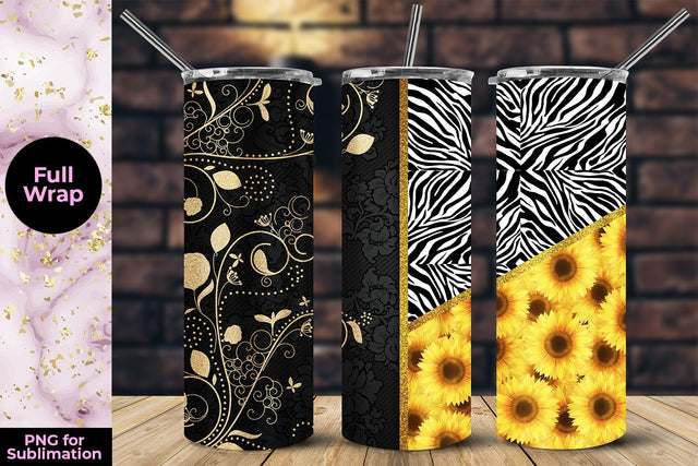 Floral Embroidery & Sunflower 20oz Skinny Tumbler Wrap Template Sublimation Sublimatiz Designs 