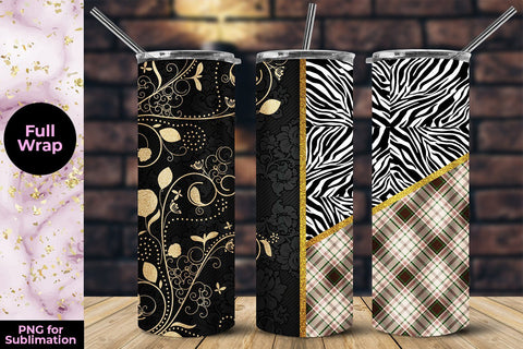 Floral Embroidery Zebra & Brown Plaid 20oz Skinny Tumbler Wrap Template Sublimation Sublimatiz Designs 