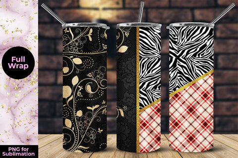 Floral Embroidery Zebra & Red Plaid 20oz Skinny Tumbler Wrap Template Sublimation Sublimatiz Designs 