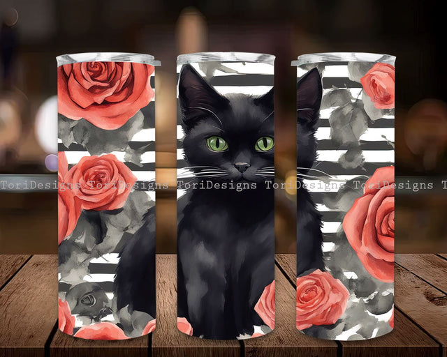 Floral Flower Black Cat Tumbler Wrap, 20oz Skinny Tumbler Inflated PNG Sublimation Design, Digital Download Sublimation ToriDesigns 