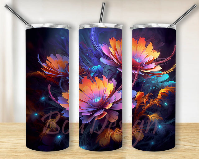 Floral Fractals 20oz Skinny Tumbler Png, Colorful Daisies Flowers Landscape Tumbler, Neon Flowers Tumbler, Watercolor Flowers Png, Colored Dream Flowers Png Sublimation BouDesign 
