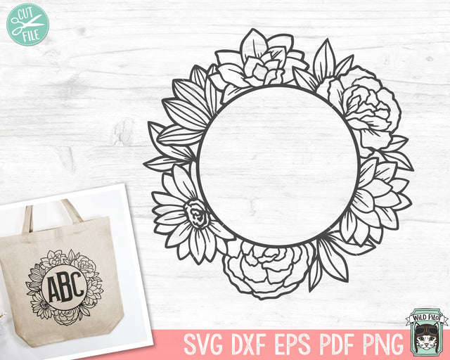 Floral Frame SVG, Floral Circle Frame cut File, Round Flower Frame svg, Floral Border svg, Wedding Sign svg, Flower Monogram frame svg, Round Shape frame svg SVG Wild Pilot 