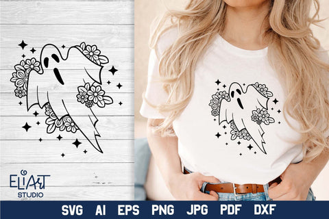 Floral Ghost SVG, Ghost SVG Design, Cute Ghost PNG Illustration. SVG Elinorka 